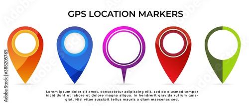 A set of 5 GPS navigation location marker pin icon of different designs and color scheme isolated on white background. Vector illustration