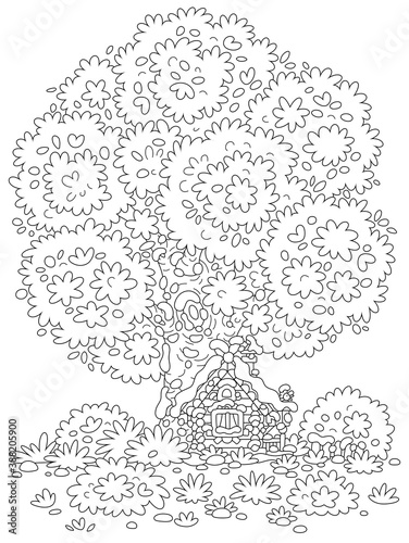 Snow-covered small wooden house from a fairytale with rustic decorations, a porch and an old fence under a big snowy tree on a pretty forest glade, black and white outline vector cartoon illustration