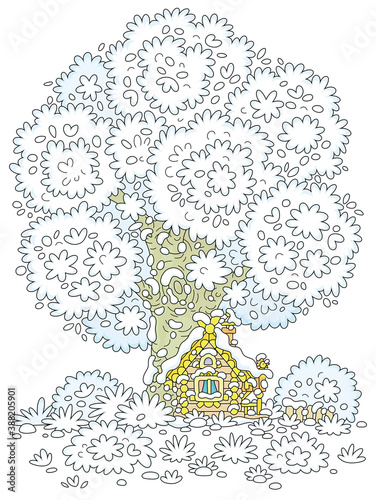 Snow-covered small wooden house from a fairytale with rustic decorations, a porch and an old fence under a big snowy tree on a pretty forest glade, vector cartoon illustration on a white background