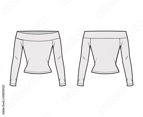 Off-the-shoulder stretch top technical fashion illustration with long sleeves, close-fitting shape. Flat shirt outwear apparel template front, back grey color. Women, men, unisex blouse CAD mockup