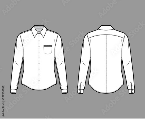 Classic shirt technical fashion illustration with long sleeve with cuff, front button-fastening, point collar, back yokes, pocket. Flat template front back white color. Women men unisex top CAD mockup