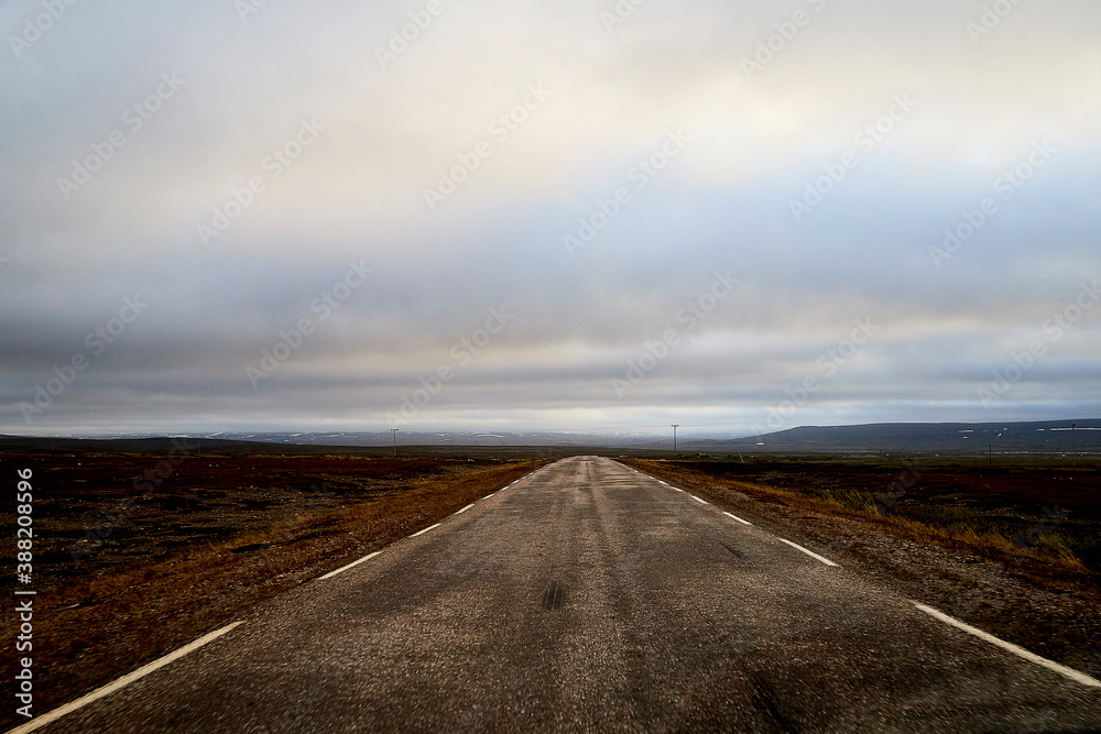 Landscape with road in tundra in Norway at cloudy evening