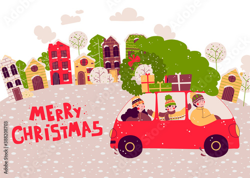 Cartoon family car christmas gifts, Vector illustration banner, card, postcard.