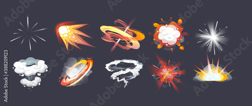 Animation for game comic explosion effect frames. Energy explosion, flame smoke cloud, motion blast effects, steam clouds, puff, mist, fog, water vapor, fire, comic power explosions