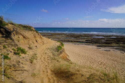 sand access french sea coast with sunny atlantic beach ocean in summer day