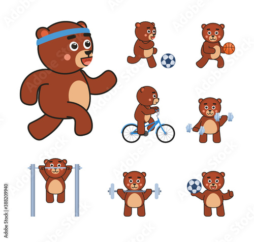 Brown bear mascot in sport, fitness set. Cute bear running, riding bike, playing football, basketball and doing various physical exercises. Vector illustration bundle