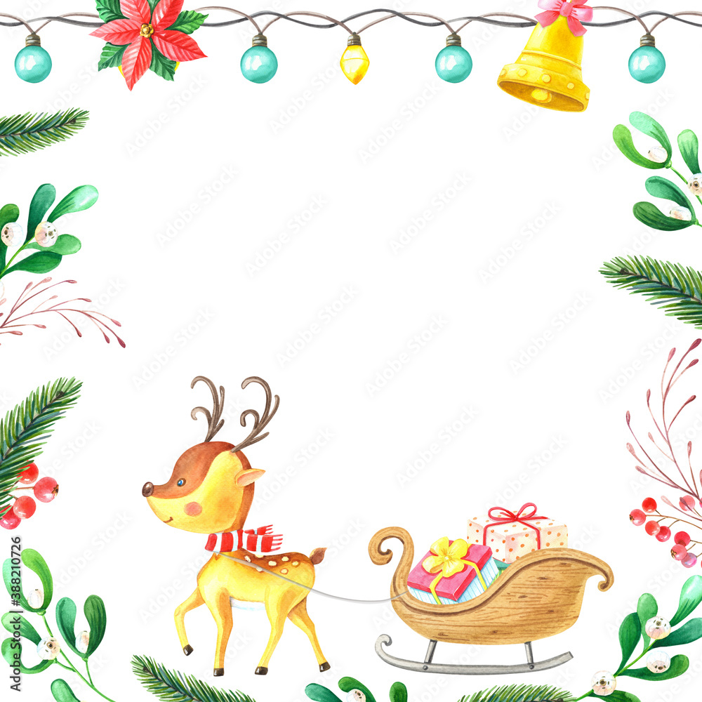Watercolor small deer with sledge, boxes.Christmas card.Cute cartoon animal with striped scarf is coming.Frame for New Year.