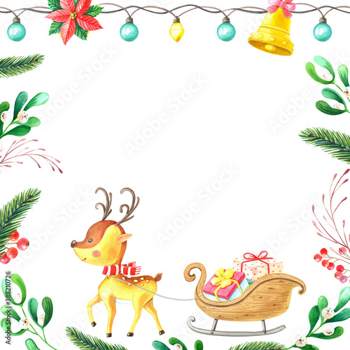 Watercolor small deer with sledge  boxes.Christmas card.Cute cartoon animal with striped scarf is coming.Frame for New Year.