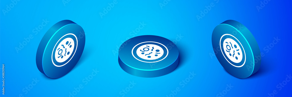 Isometric Petri dish with bacteria icon isolated on blue background. Blue circle button. Vector. Isometric Petri dish with bacteria icon isolated on blue background. Blue circle button. Vector.