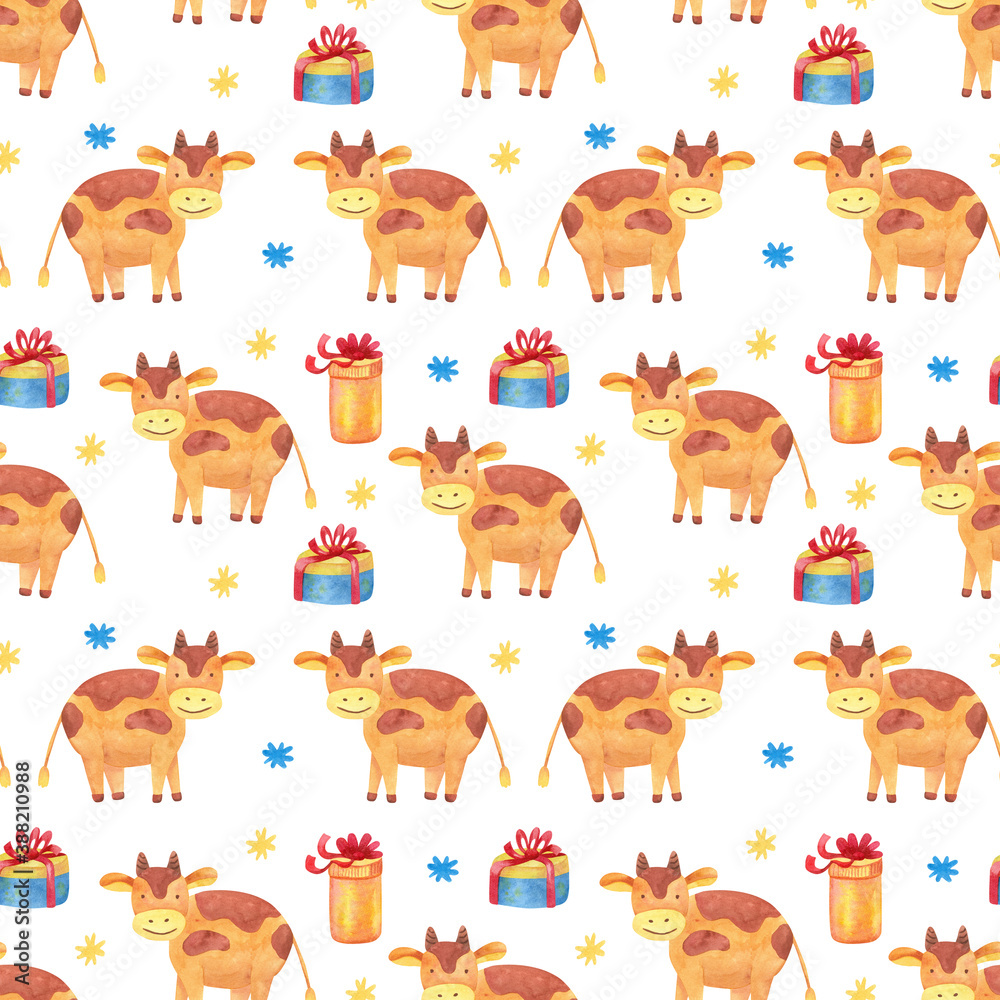 Watercolor seamless pattern with little cute bulls, snowflakes and gift boxes. White background. Great for fabrics, wrapping papers. Chinese new year of the ox.