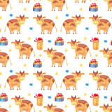 Watercolor seamless pattern with little cute bulls, snowflakes and gift boxes. White background. Great for fabrics, wrapping papers. Chinese new year of the ox.
