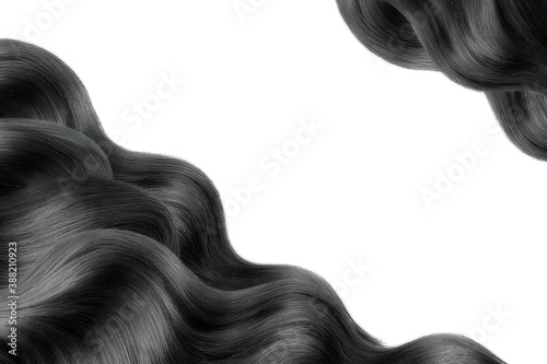 Black shiny hair isolated on white. Background with copy space