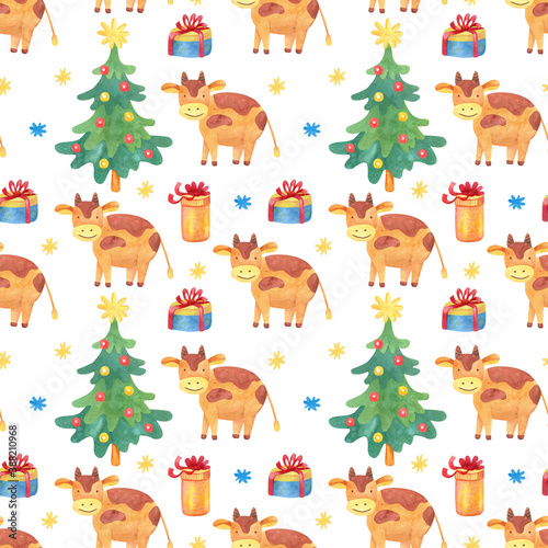 Watercolor seamless pattern with little cute bulls, Christmas trees, snowflakes and gift boxes. White background. Great for fabrics, wrapping papers. Chinese new year of the ox.