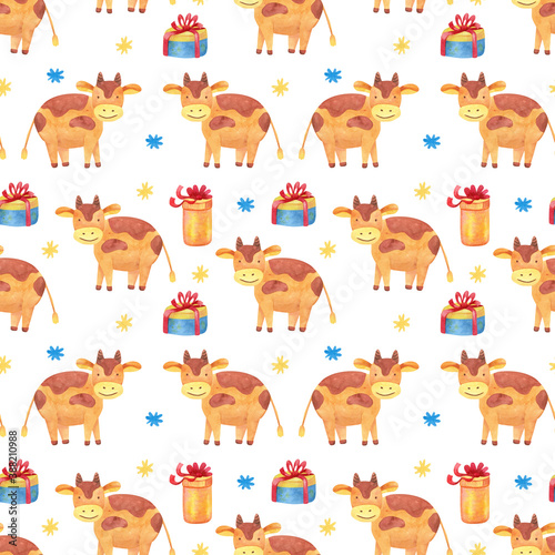 Watercolor seamless pattern with little cute bulls, snowflakes and gift boxes. White background. Great for fabrics, wrapping papers. Chinese new year of the ox. © Anna Druzhkova