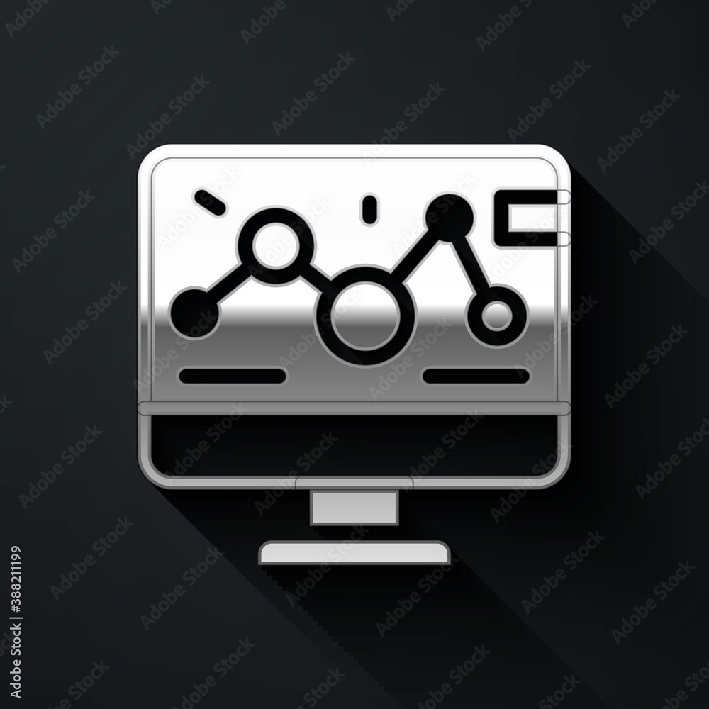 Silver Genetic engineering modification on laptop icon isolated on black background. DNA analysis, genetics testing, cloning. Long shadow style. Vector. Silver Genetic engineering modification on laptop icon isolated on black background. DNA analysis, genetics testing, cloning. Long shadow style. Vector.