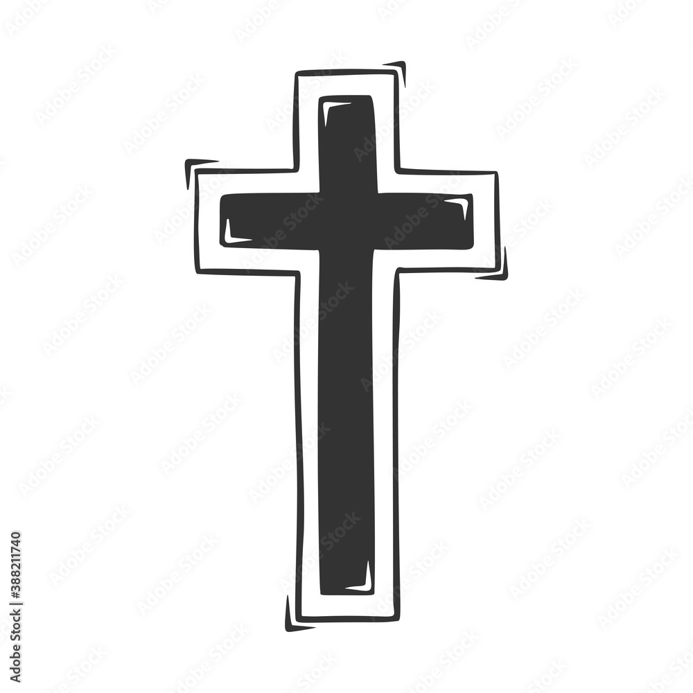 Hand drawn vector of religious cross, isolated on white background.