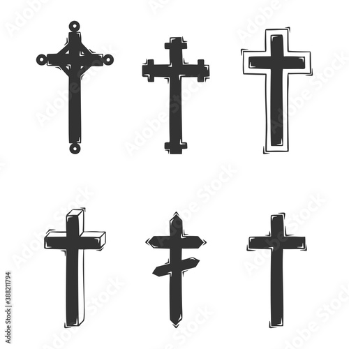 Set of hand drawn vector religious crosses, isolated on white background.
