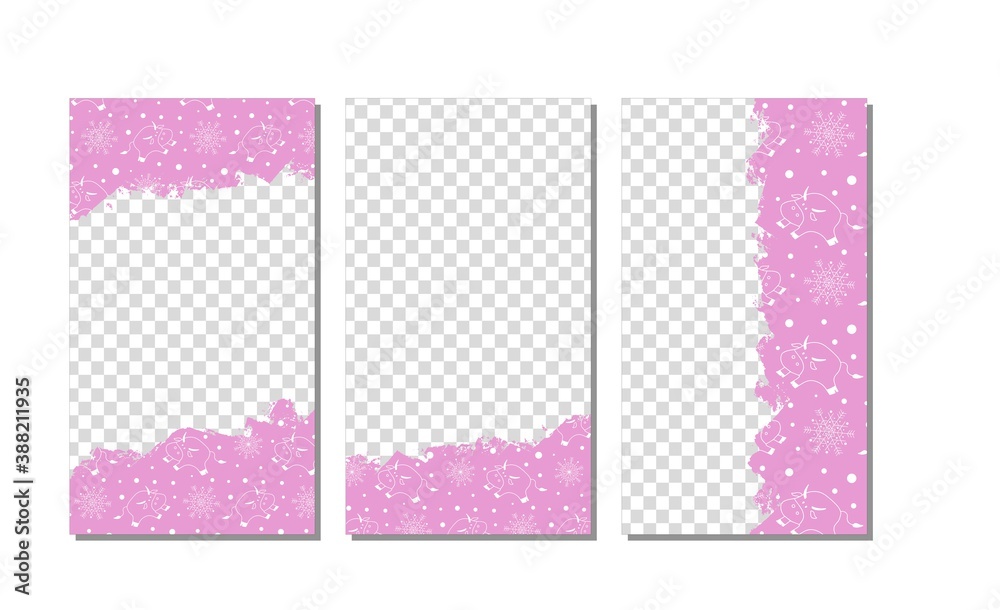Vector set of editable stories templates. Hand drawn photo frames for social media. Pink spots with white snowflakes and cute cows or bulls, symbol of 2021 year. Isolated on white background