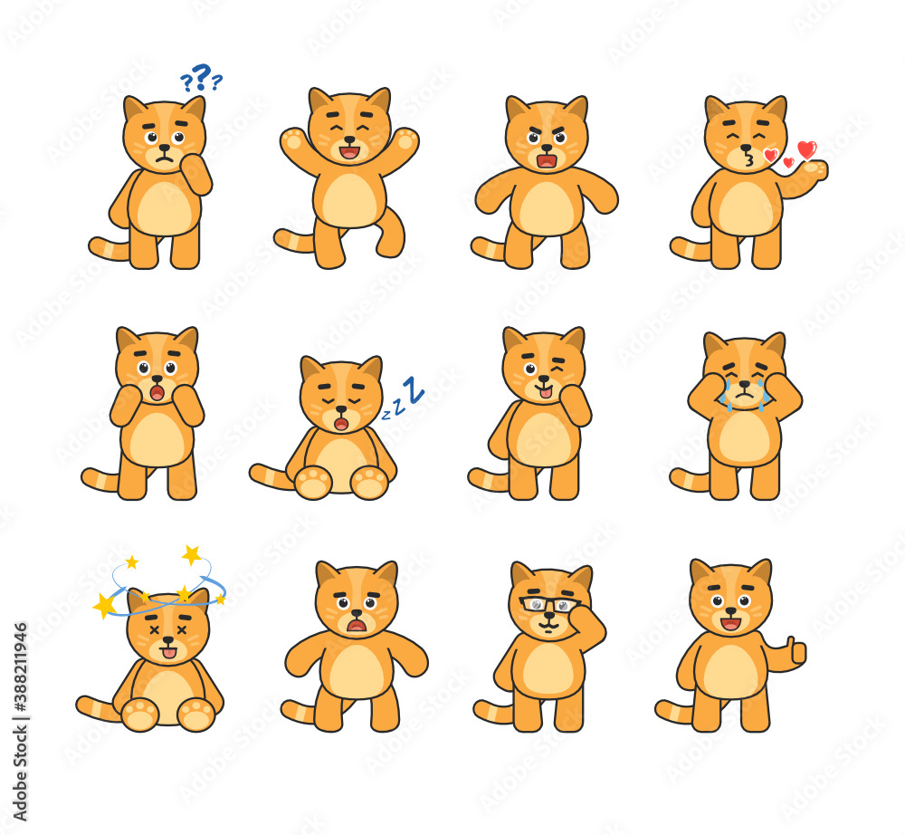 Set of chibi cat characters showing various emotions. Cute cat thinking, jumping, angry, surprised, sleeping, crying, showing silly face and other expressions. Vector illustration bundle