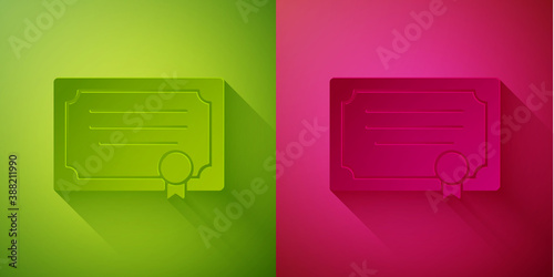 Paper cut Certificate template icon isolated on green and pink background. Achievement, award, degree, grant, diploma concepts. Paper art style. Vector.