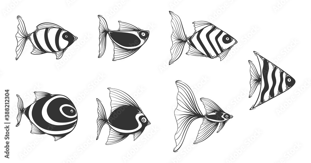 Set of hand drawn vector exotic fishes, isolated on white background. Set of hand drawn vector exotic fishes, isolated on white background.