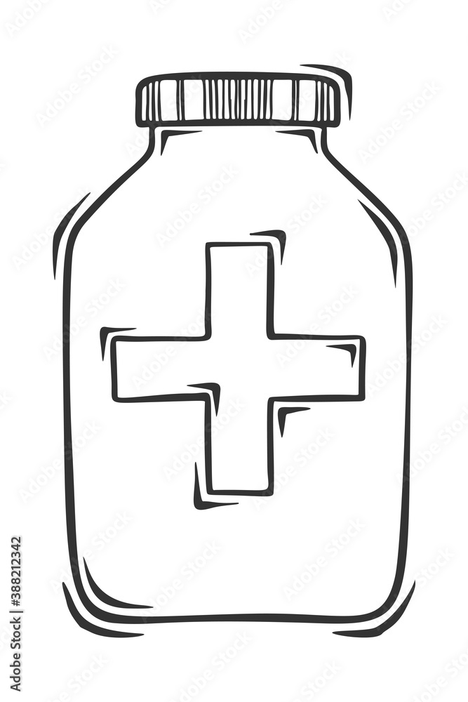 Hand drawn vector of medical bottle with cross, isolated on white background. Hand drawn vector of medical bottle with cross, isolated on white background.