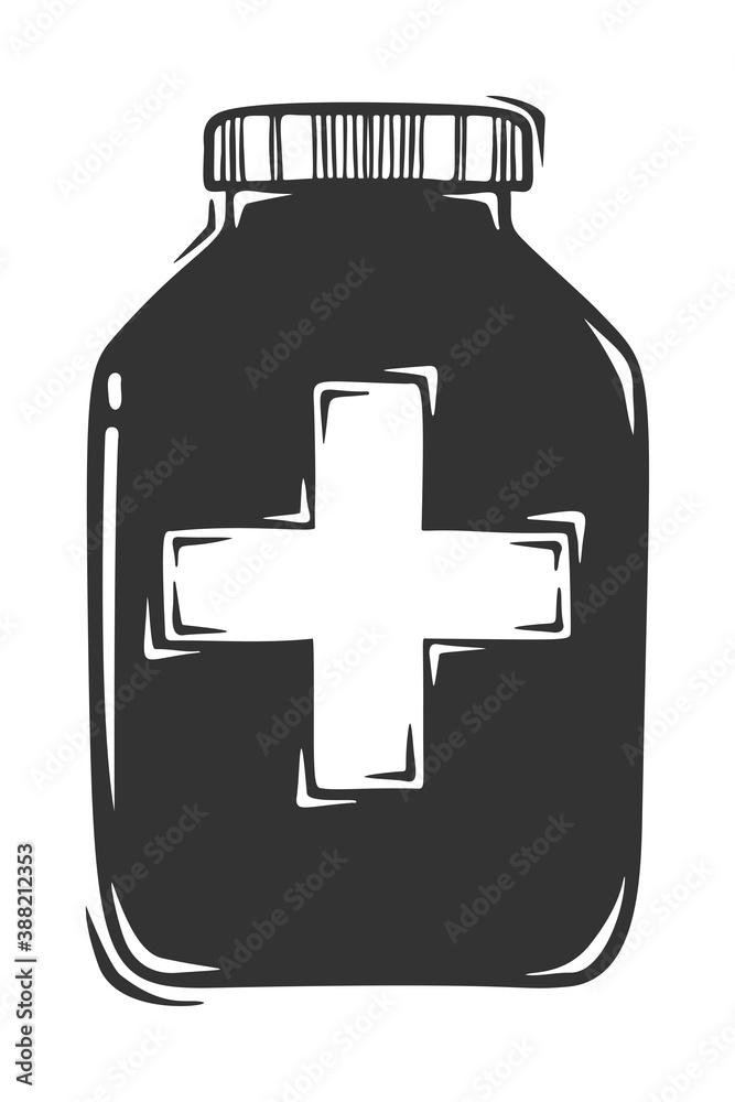 Hand drawn vector of medical bottle with cross, isolated on white background. Hand drawn vector of medical bottle with cross, isolated on white background.