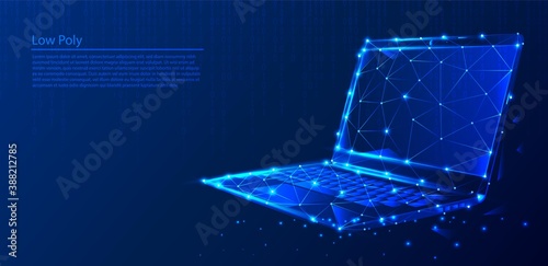 Polygonal laptop on dark blue tech background, triangles and particle style design. 