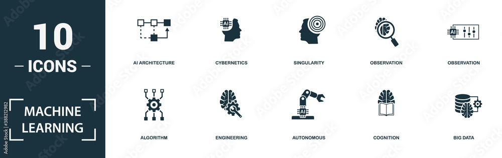 Machine Learning icon set. Monochrome sign collection with sensorimotor ...