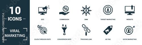 Viral Marketing icon set. Monochrome sign collection with attribution, lead, bonus program, referral link and over icons. Viral Marketing elements set.