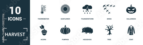 Harvest icon set. Monochrome sign collection with jam, wind, honey, squirrel and over icons. Harvest elements set.