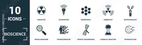 Bioscience icon set. Monochrome sign collection with science, laboratory, bioengineering, brain stimulation and over icons. Bioscience elements set.