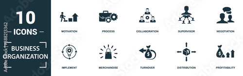 Business Organization icon set. Monochrome sign collection with motivation, process, collaboration, supervisor and over icons. Business Organization elements set.