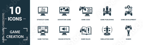 Game Creation icon set. Monochrome sign collection with mobile game, action game, sport game, racing game and over icons. Game Creation elements set.