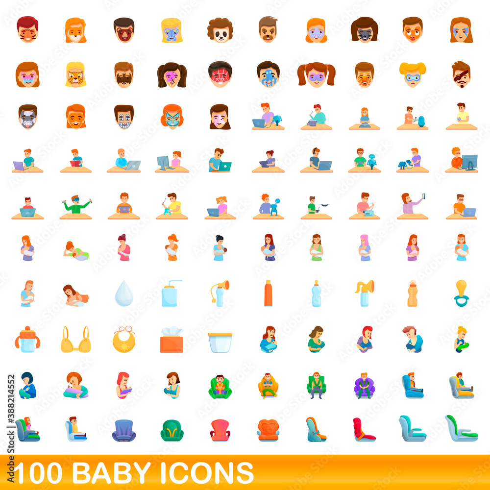 100 baby icons set. Cartoon illustration of 100 baby icons vector set isolated on white background