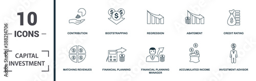 Capital Investment icon set. Monochrome sign collection with matching revenues, financial planning, financial planning manager, accumulated income and over icons. Capital Investment elements set.
