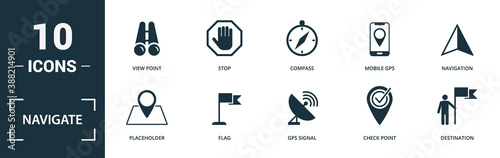 Navigate icon set. Monochrome sign collection with map location, geolocation, address, wind rose and over icons. Navigate elements set.