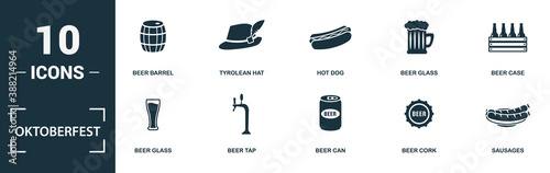 Oktoberfest icon set. Monochrome sign collection with beer barrel, burger, hot dog, beer glass and over icons. Oktoberfest elements set.