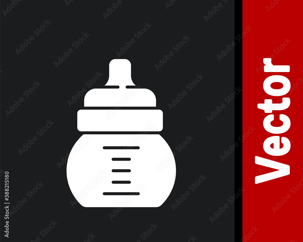 White Baby bottle icon isolated on black background. Feeding bottle icon. Milk bottle sign. Vector. White Baby bottle icon isolated on black background. Feeding bottle icon. Milk bottle sign. Vector.
