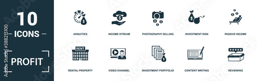 Profit icon set. Monochrome sign collection with affiliate marketing, referral marketing, sponsor, dividend and over icons. Profit elements set.