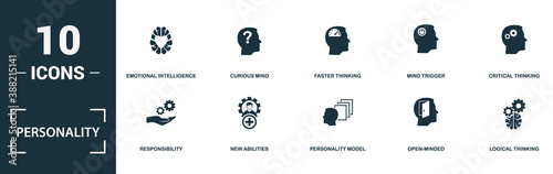 Personality icon set. Monochrome sign collection with emotional intelligence, curious mind, faster thinking, mind trigger and over icons. Personality elements set.