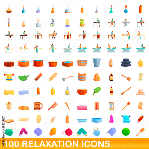 100 relaxation icons set. Cartoon illustration of 100 relaxation icons vector set isolated on white background