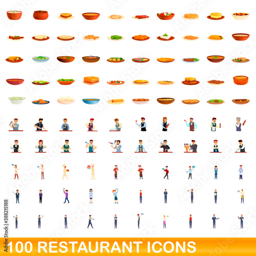 Fototapeta Naklejka Na Ścianę i Meble -  100 restaurant icons set. Cartoon illustration of 100 restaurant icons vector set isolated on white background