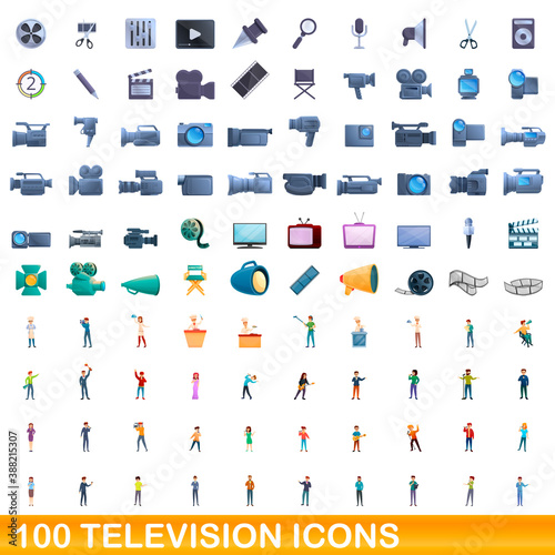 100 television icons set. Cartoon illustration of 100 television icons vector set isolated on white background
