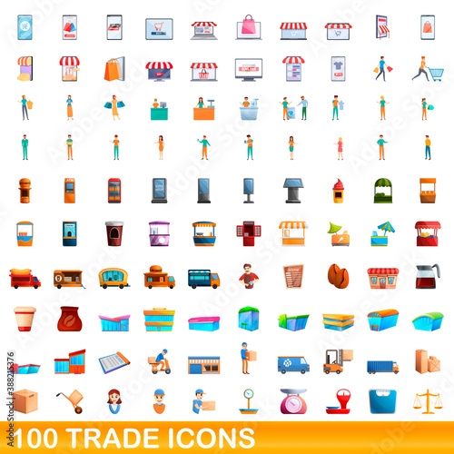 100 trade icons set. Cartoon illustration of 100 trade icons vector set isolated on white background