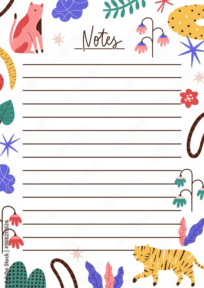 Childish notebook or planner page decorated with cute flowers, animals and abstract shapes. Modern blank to do list, notes sheet template. Flat vector cartoon illustration on white background. Childish notebook or planner page decorated with cute flowers, animals and abstract shapes. Modern blank to do list, notes sheet template. Flat vector cartoon illustration on white background.