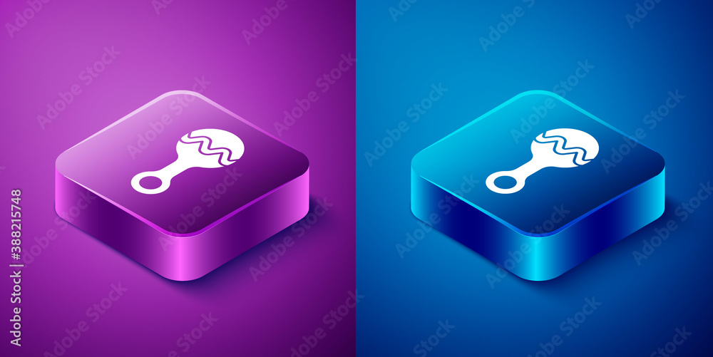 Isometric Rattle baby toy icon isolated on blue and purple background. Beanbag sign. Square button. Vector. Isometric Rattle baby toy icon isolated on blue and purple background. Beanbag sign. Square button. Vector.