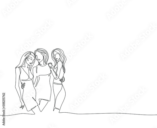 Three young girls, womens abstract silhouette, girlfriends, continuous line drawing, small tattoo, print for clothes and logo design, emblem or logo design, isolated vector illustration.