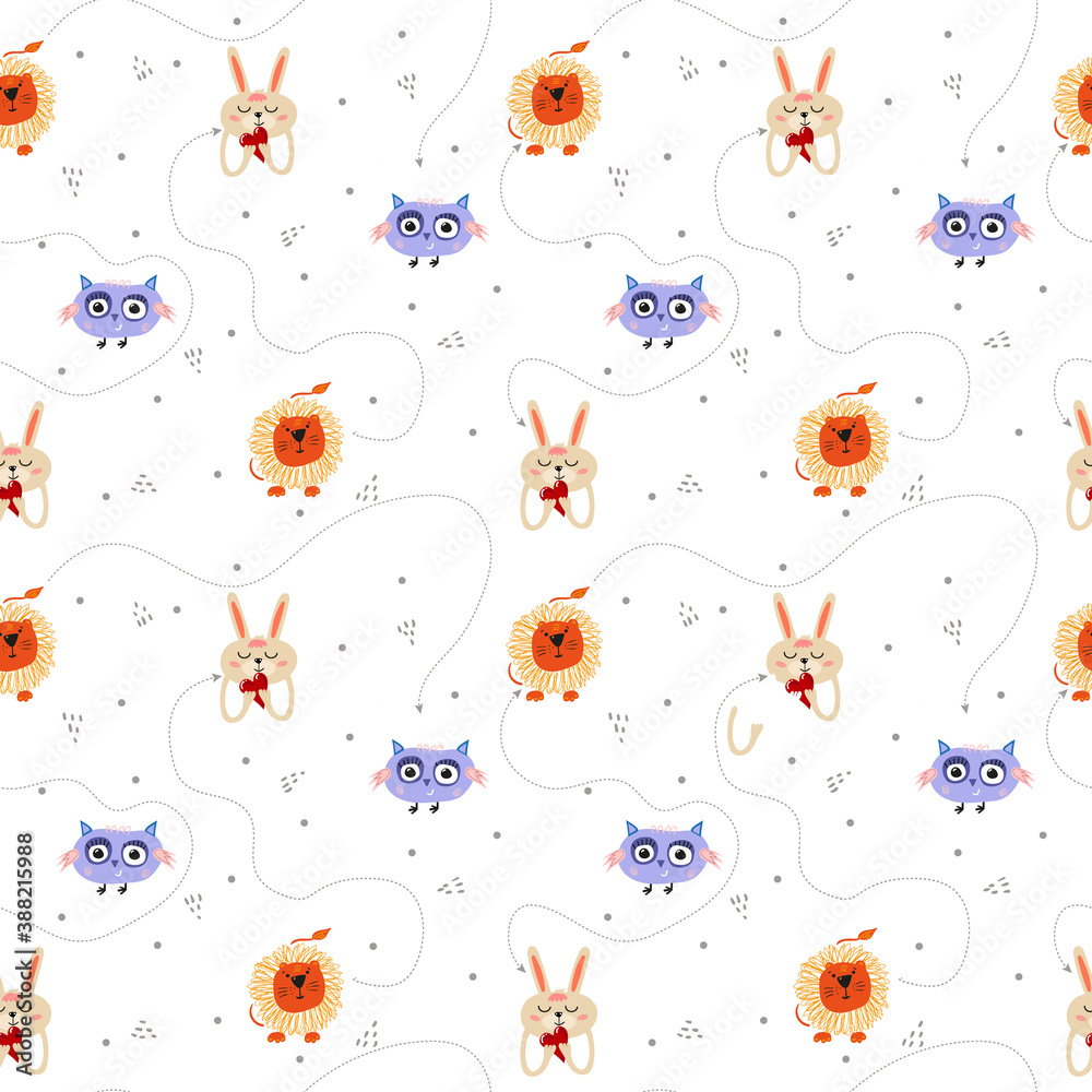 Fototapeta premium Cute animals seamless pattern. Lion, owl, hare on a white background. Printing on fabrics, packaging, postcards.