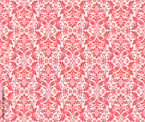Wallpaper in the style of Baroque. Seamless vector background. White and pink floral ornament. Graphic pattern for fabric, wallpaper, packaging. Ornate Damask flower ornament